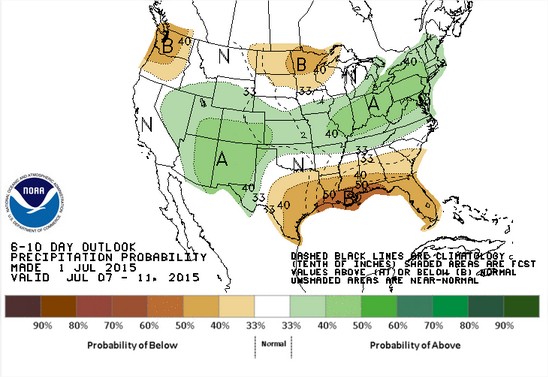 Previsão de Chuvas nos EUA 6 a 10 dias - Fonte: NOAA