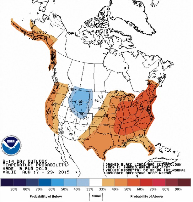 Temperaturas nos EUA entre os dias 17 a 23 de agosto - Fonte: NOAA