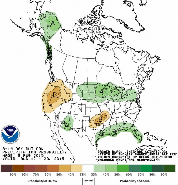 Previsão de chuvas entre os dias 17 a 23 de agosto - Fonte: NOAA