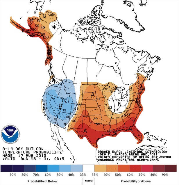 Temperatura nos EUA entre os dias 25 a 31 de agosto - Fonte: NOAA