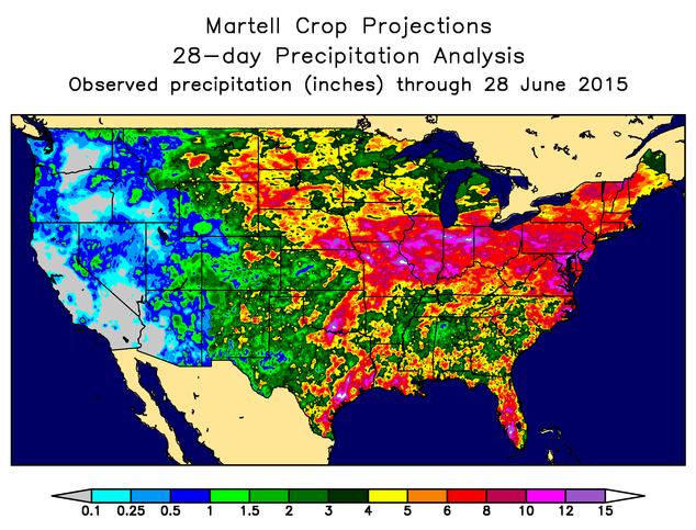 EUA 2015 - Acumulado de chuvas até 28 de junho - Fonte: Pro Farmer