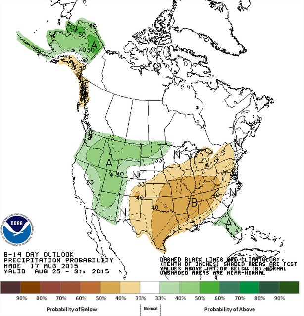 Previsão de chuvas nos EUA entre os dias 25 a 31 de agosto - Fonte: NOAA