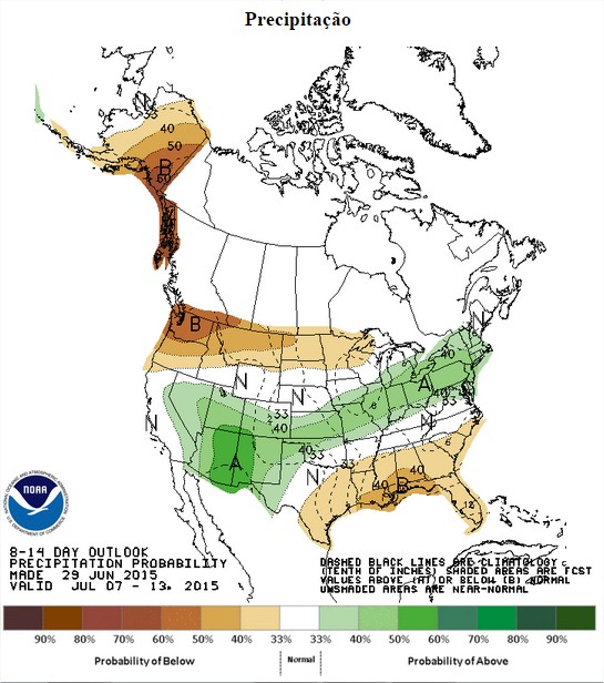 Chuvas nos EUA nos próximos 8 a 14 dias - Fonte: NOAA