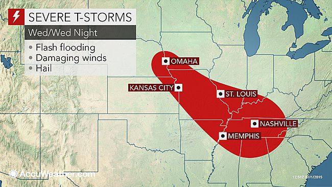 Tempestades nos EUA nesta quarta-feira (1) - Fonte: AccuWeather