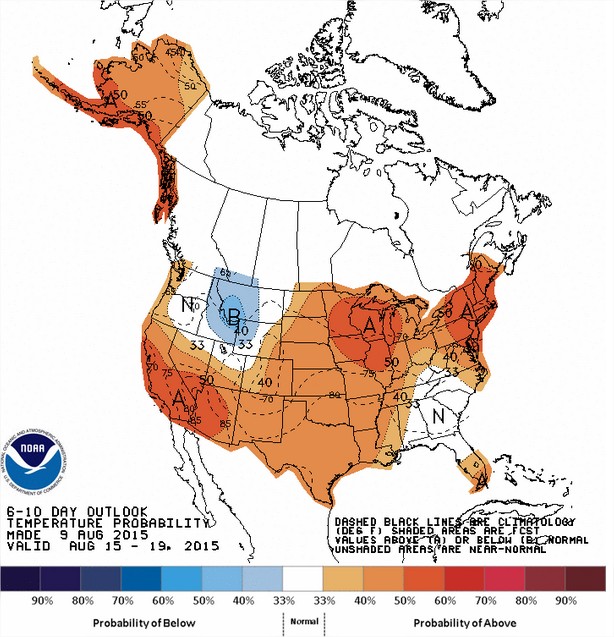 Temperaturas nos EUA entre os dias 15 a 19 de agosto - Fonte: NOAA