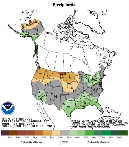 Chuvas previstas nos EUA nos próximos 8 a 14 dias - Fonte: NOAA