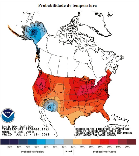 Temperaturas previstas nos EUA nos dias 12 a 16 de julho - Fonte: NOAA