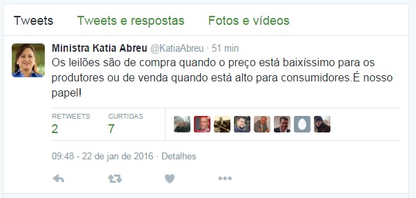 Kátia Abreu - Twitter Milho - 22.01.2016