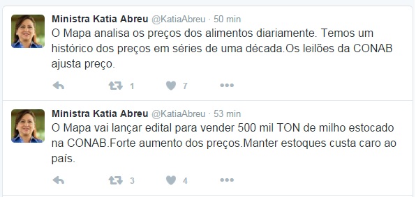 Kátia Abreu - Twitter Venda de Milho - 22.01.2016