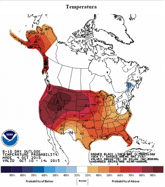 Temperatura nos EUA entre os dias 10 a 14 de outubro - Fonte: NOAA