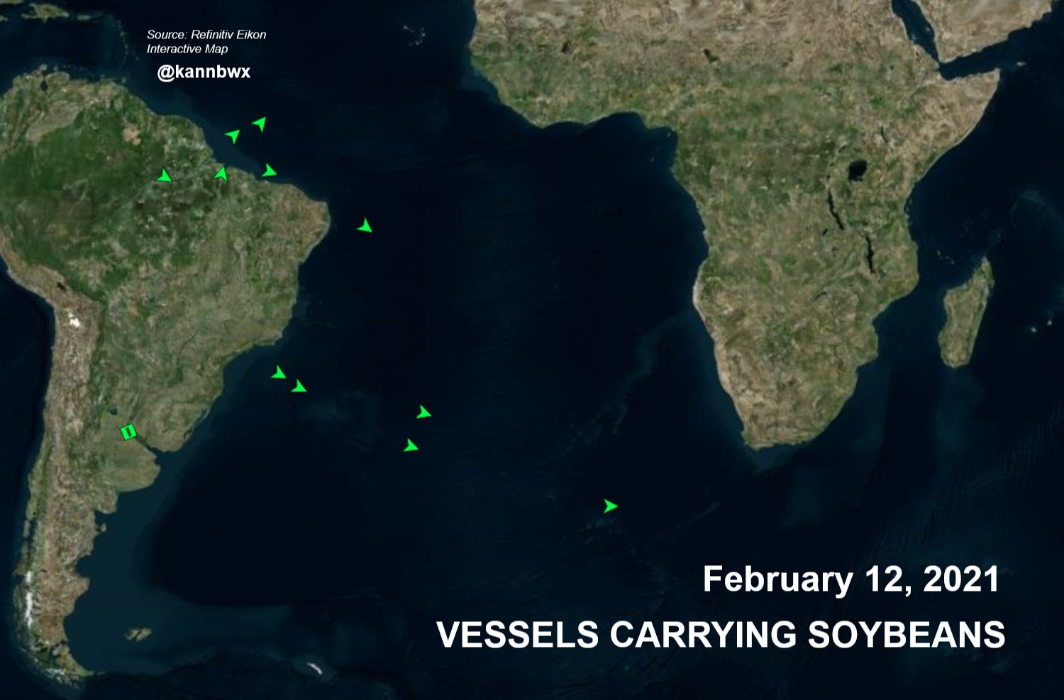 Fluxo de navios carregados com soja em trânsito do Brasil para China - Fontes: Refinitiv Eikon e Karen Braun