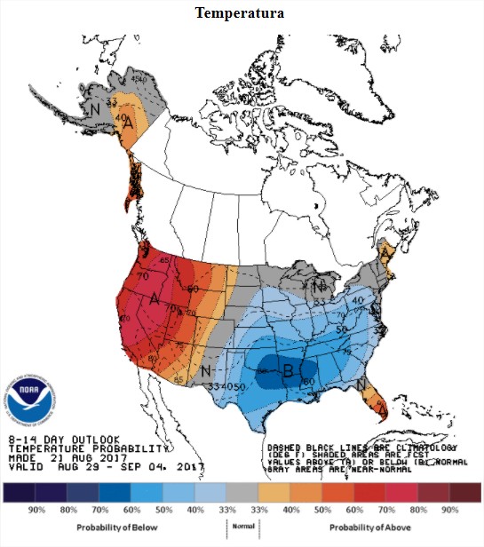 Temperaturas previstas nos EUA nos próximos 8 a 14 dias - Fonte: NOAA