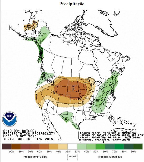 Precipitação nos EUA entre os dias 10 a 14 de outubro - Fonte: NOAA