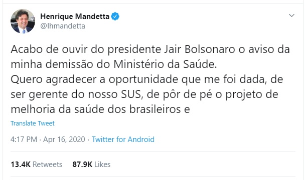 Tweet demissão Mandetta