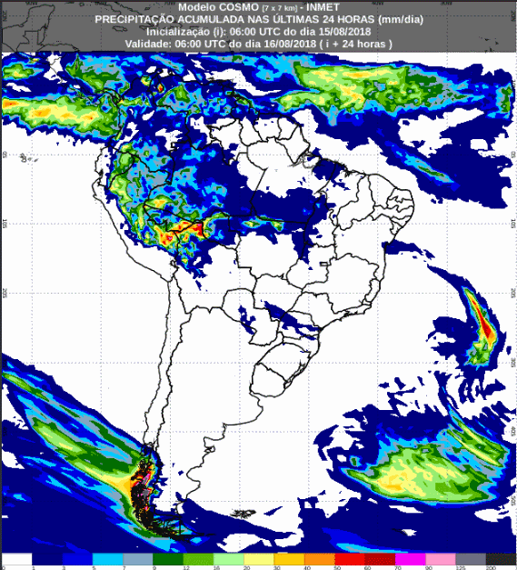 Mapa com a previsão de precipitação acumulada para até 72 horas (16/08 a 18/08) em todo o Brasil - Fonte: Inmet