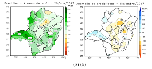 Figura 1 – Precipitação mensal acumulada para novembro (a) e Anomalia mensal de precipitação (b). Fonte: SEÇÃO DE ANÁLISE E PREVISÃO DO TEMPO (SEPRE - 5º DISME) BELO HORIZONTE.